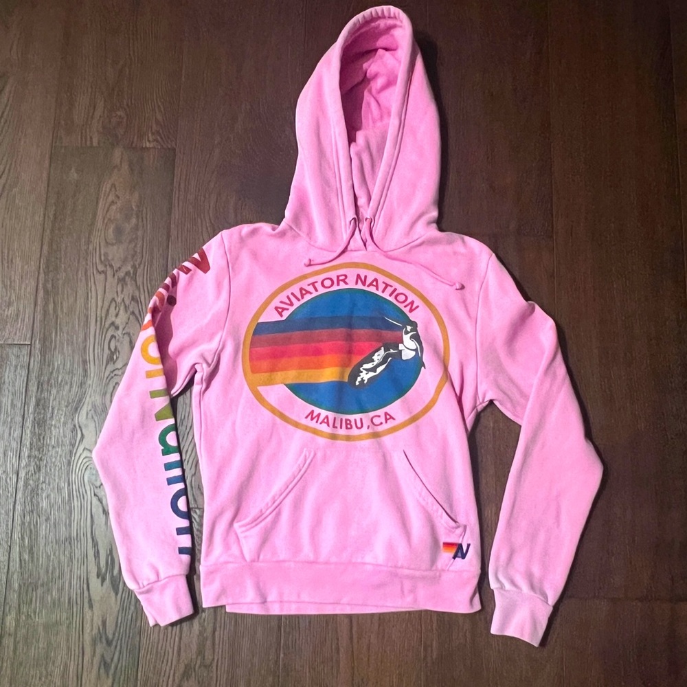 Aviator Nation Pink Hoodie with Rainbow Logo